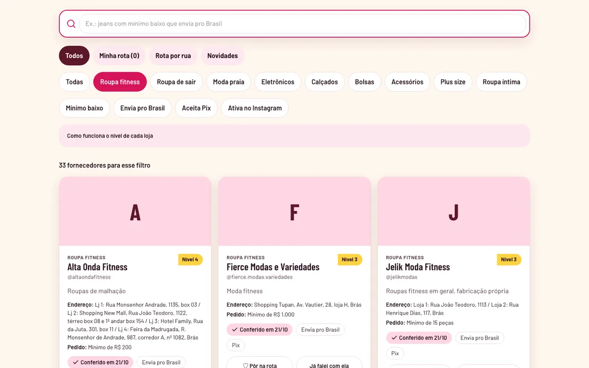 Tela real da área da Talist, com a busca, as categorias e os cartões dos fornecedores